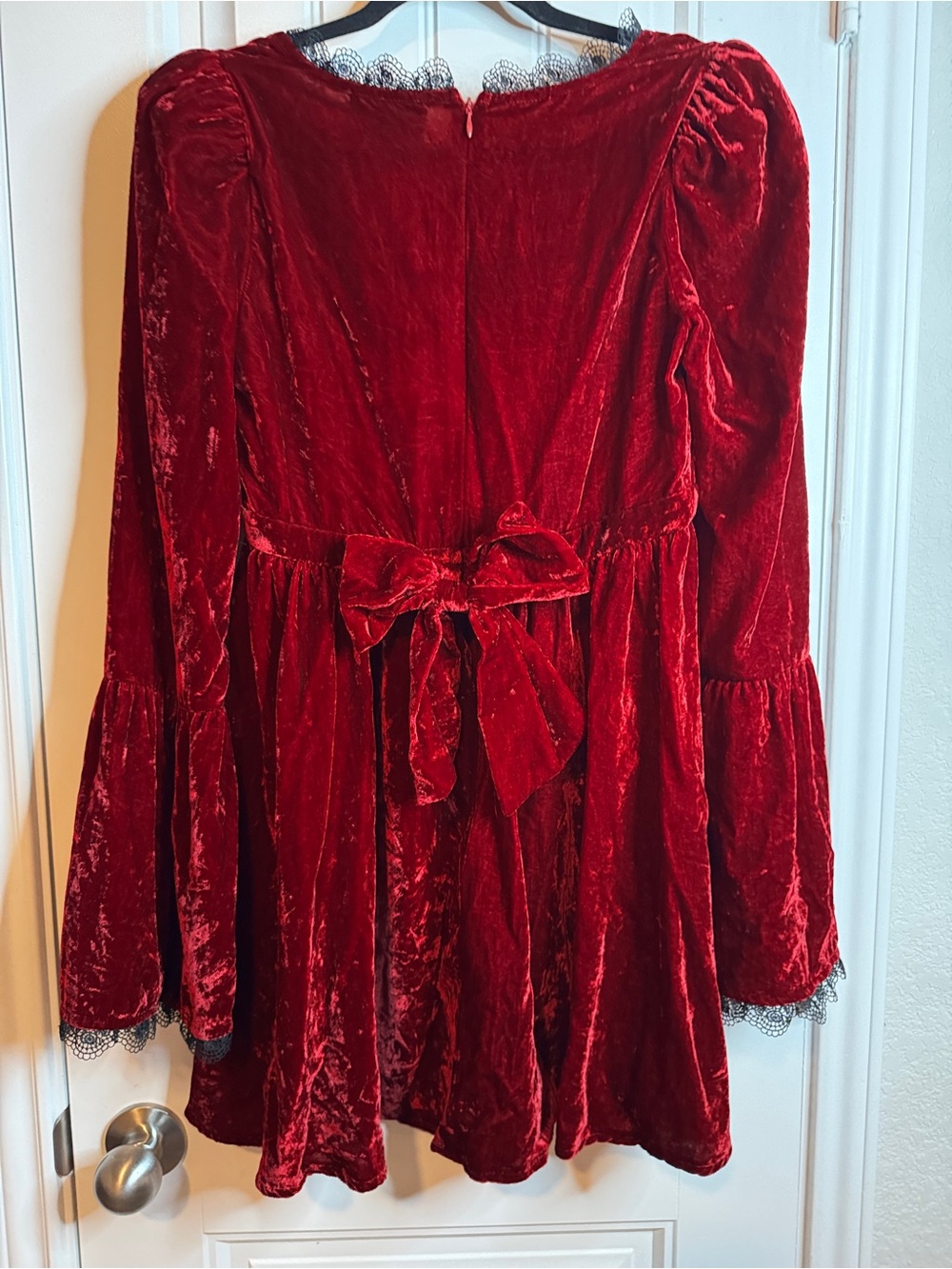 Widow velvet Dress Womens S Burgundy Red Black Lace Bell Sleeve Gothic witchy - Picture 2 of 8